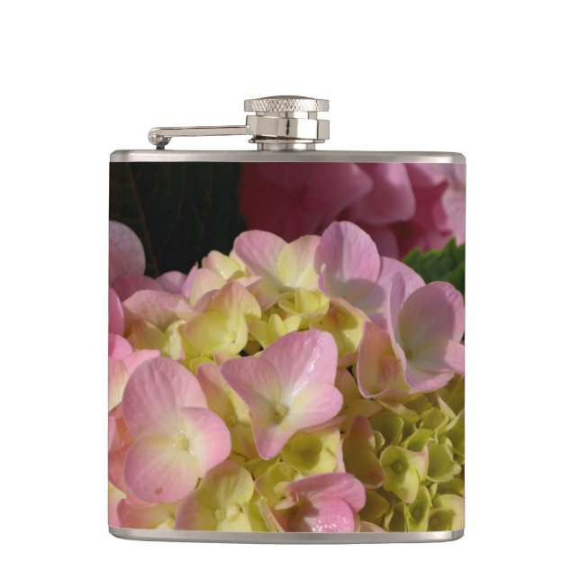 Pink Cream Hydrangeas yellow pink green floral  Flask (Front)