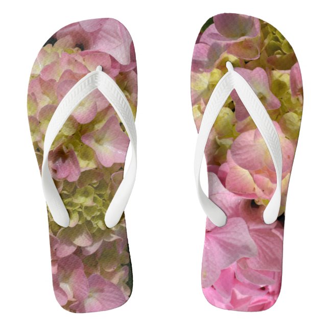Pink Cream Hydrangeas yellow pink green floral  Flip Flops (Footbed)
