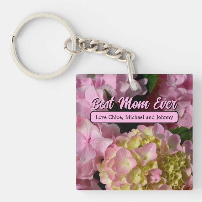 Pink Cream Hydrangeas yellow pink green floral  Keychain (Front)
