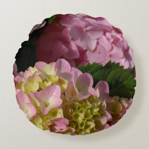 Pink Cream Hydrangeas yellow pink green floral  Round Pillow