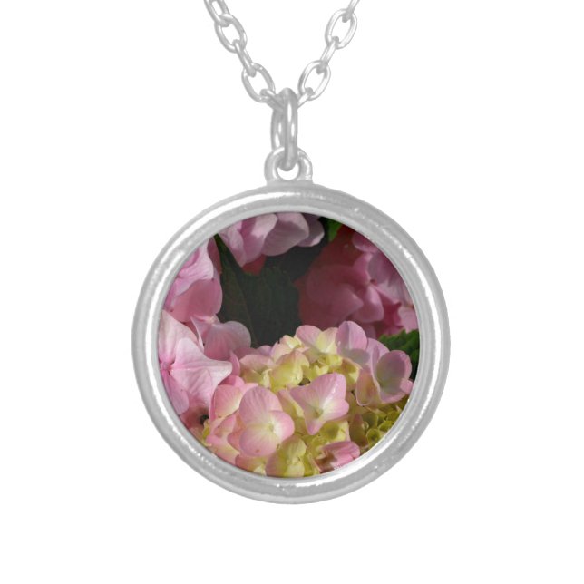 Pink Cream Hydrangeas yellow pink green floral  Silver Plated Necklace (Front)