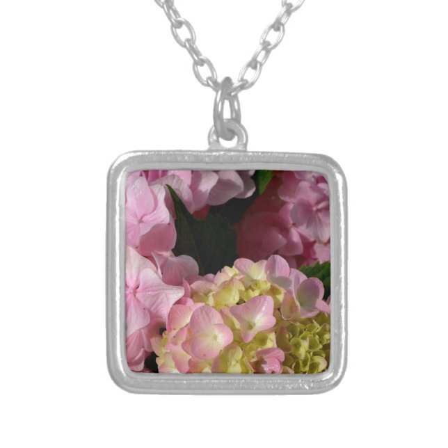 Pink Cream Hydrangeas yellow pink green floral  Silver Plated Necklace (Front)