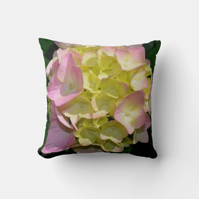 Pink Cream Hydrangeas yellow pink green floral  Throw Pillow (Front)