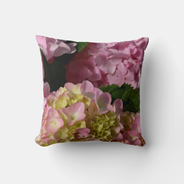 Pink Cream Hydrangeas yellow pink green floral  Throw Pillow (Front)