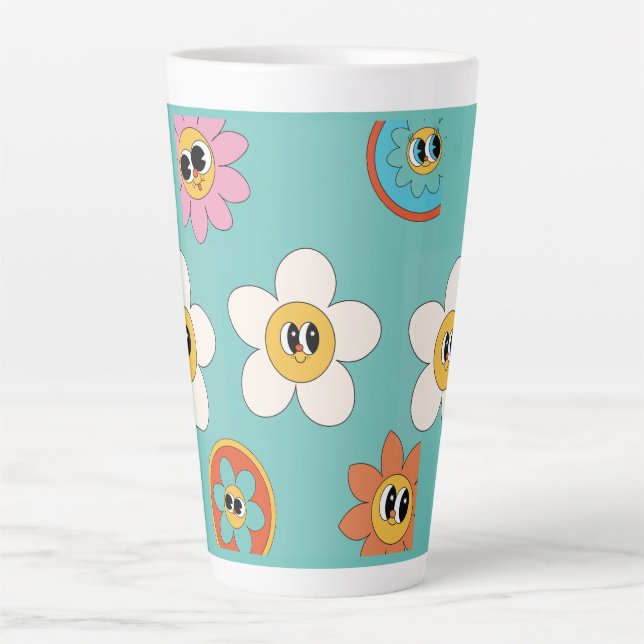 pink cream illustration retro flower latte mug (Front)