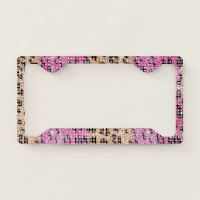 Pink Cream Leopard Animal Print Sparkle License Plate Frame (Front)