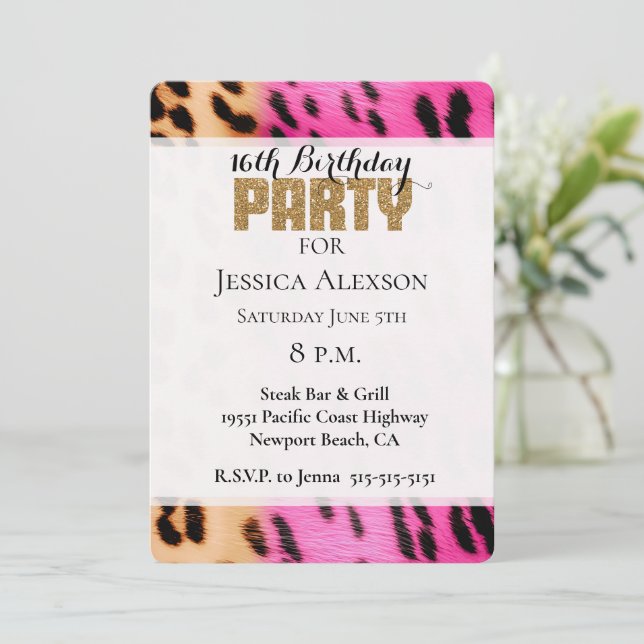 Pink Cream Leopard Gold Glitter Party Invitation (Standing Front)
