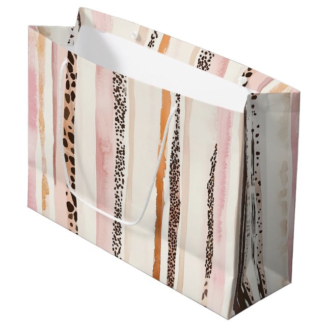 Pink Cream Leopard Print Stripes Birthday Large Gift Bag (Front Angled)