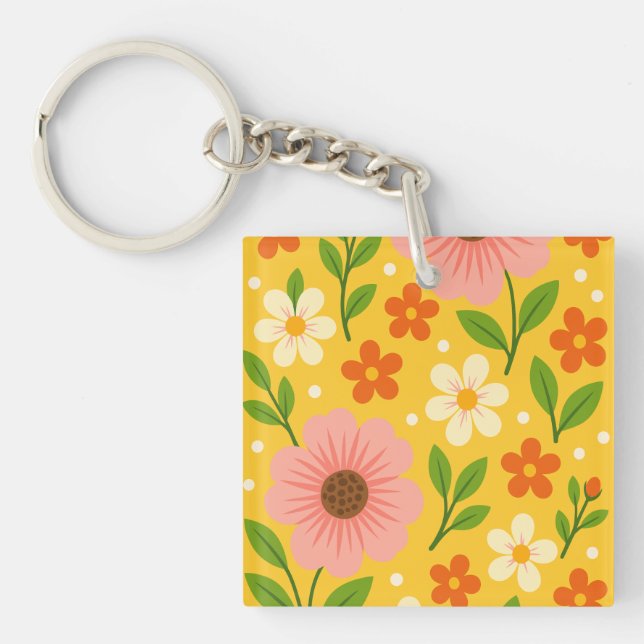Pink, cream & Orange Flowers with Green Leaves Keychain (Front)