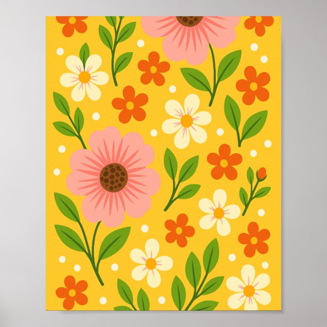 Pink, cream & Orange Flowers with Green Leaves Poster (Front)
