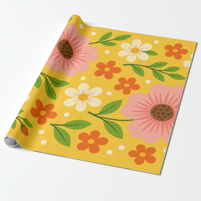 Pink, cream & Orange Flowers with Green Leaves Wrapping Paper (Unrolled)