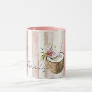 Pink Cream Paradise Tropical Coconut Orchid Flower Mug