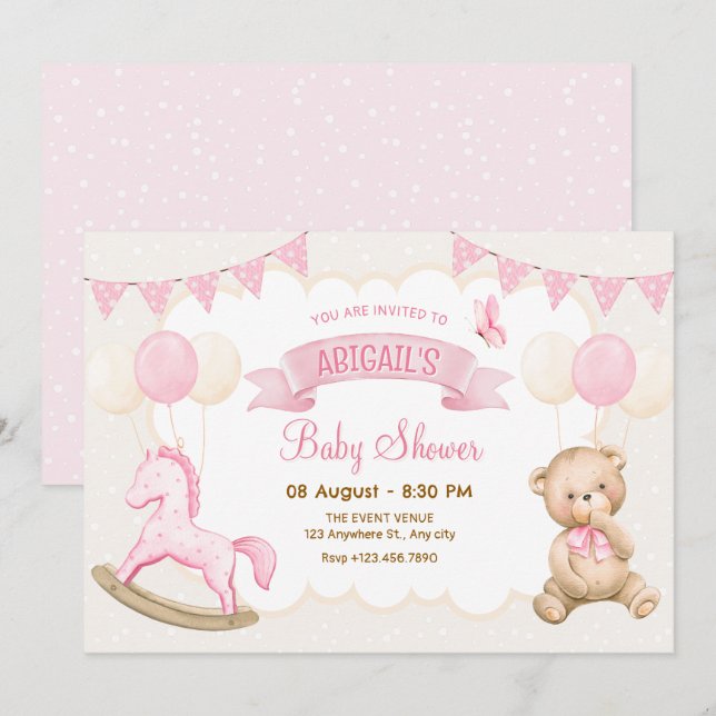 Pink cream pastel baby shower invitation (Front/Back)