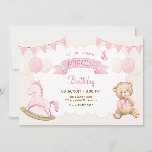 Pink cream pastel birthday invitation (Front)