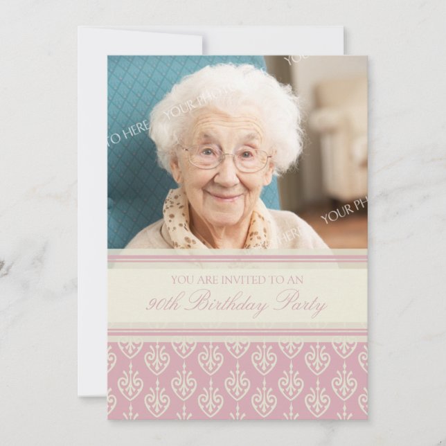 Pink Cream Photo 90th Birthday Party Invitations (Front)