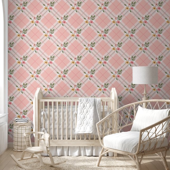 Pink Cream Plaid Floral Wallpaper (Kids)