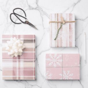 Pink Cream Plaid Stripes Snowflakes Christmas Wrapping Paper Sheets