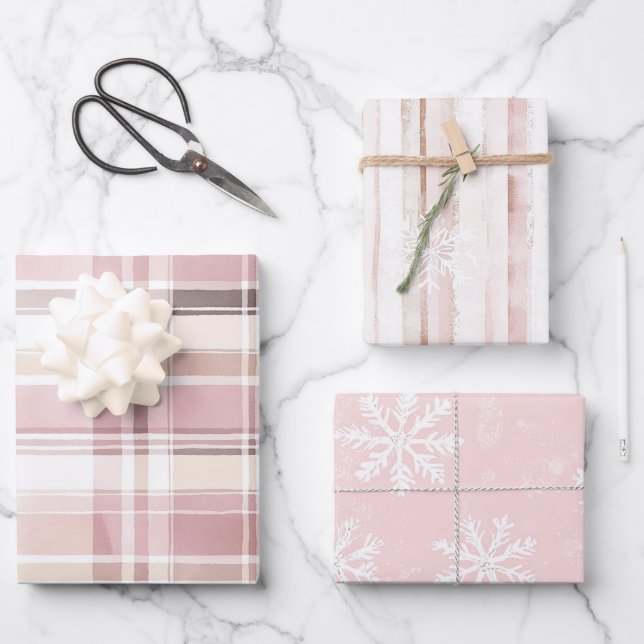 Pink Cream Plaid Stripes Snowflakes Christmas Wrapping Paper Sheets (Front)