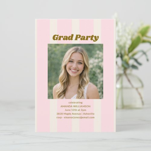 Pink Cream Retro Stripe Grad Party Photo 2026 Invitation