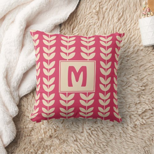 Pink Cream Retro Vibe Leaf Pattern Monogram Throw Pillow