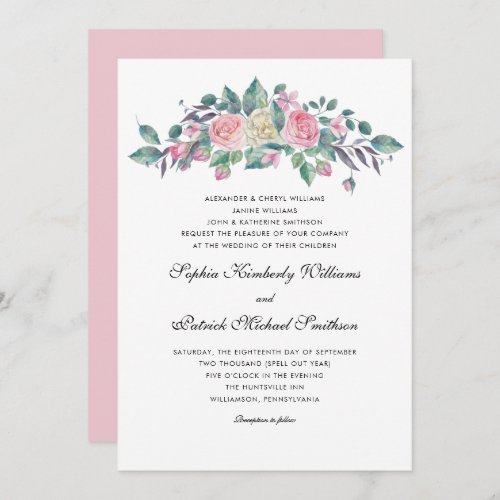 Pink Cream Roses  3 sets parents wedding Invitation