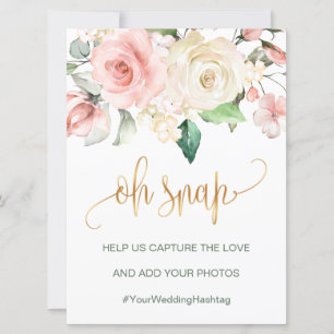 Pink cream roses Oh snap sign/hashtag wedding card
