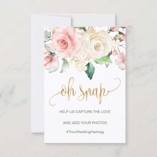 Pink cream roses Oh snap signhashtag wedding card