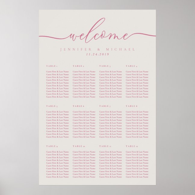 Pink Cream Simple Wedding Seating Twelve Table Poster