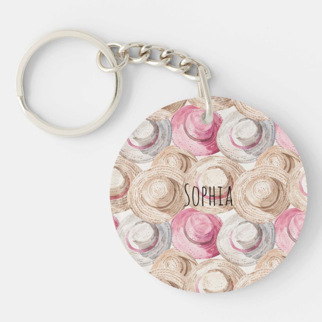 Pink Cream Straw Hats  Keychain (Front)