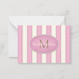 Pink & Cream Stripes Bronze Monogram Custom Note Card