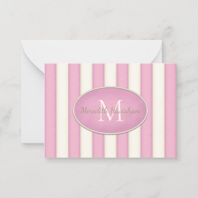Pink & Cream Stripes Oval Framed Monogram Custom Note Card (Front)