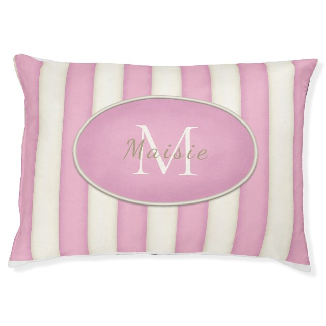 Pink & Cream Stripes Oval Framed Monogram Pet Bed (Front)