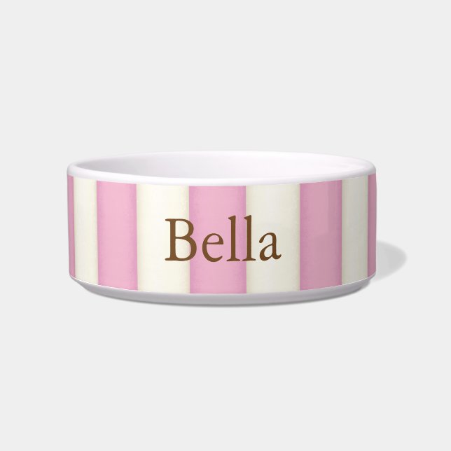 Pink & Cream Stripes Personalized Cat or Dog Bowl (Front)
