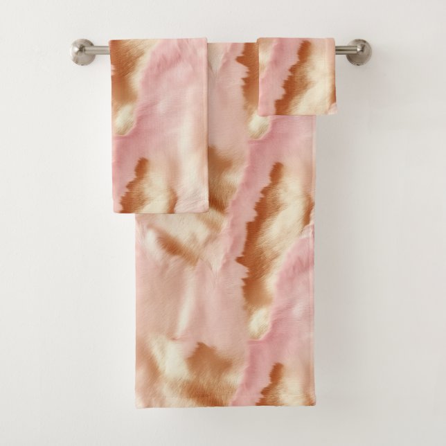 Pink Cream Tan Southwest Cowgirl Cowhide Bath Towel Set (Insitu)