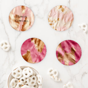 Pink Cream Tan Southwest Cowgirl Cowhide Coaster Set