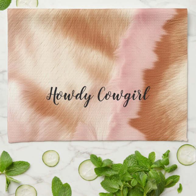 Pink Cream Tan Southwest Cowgirl Cowhide Kitchen Towel (Folded)