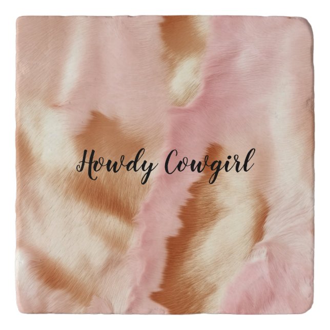 Pink Cream Tan Southwest Cowgirl Cowhide Trivet (Front)