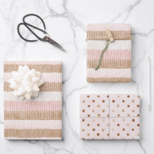 Pink Cream Tan Stripes Dots Birthday Wrapping Paper Sheets