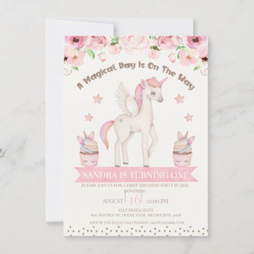 Pink Cream Unicorn Magical Day 1st Birthday Invitation