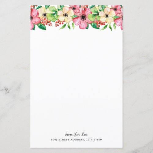Pink Cream Watercolor Floral Botanical Stationery