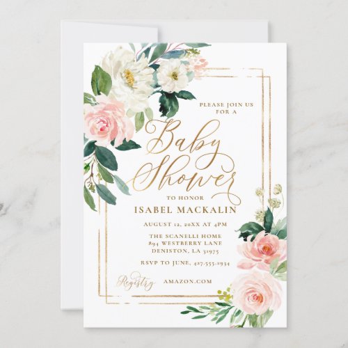 Pink Cream Watercolor Floral Greenery Baby Shower Invitation