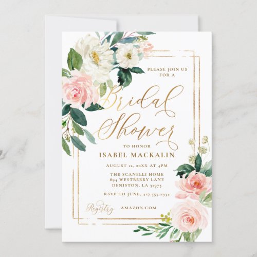 Pink Cream Watercolor Floral Rustic Bridal Shower Invitation