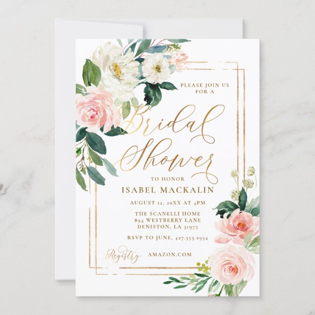 Pink Cream Watercolor Floral Rustic Bridal Shower Invitation (Front)