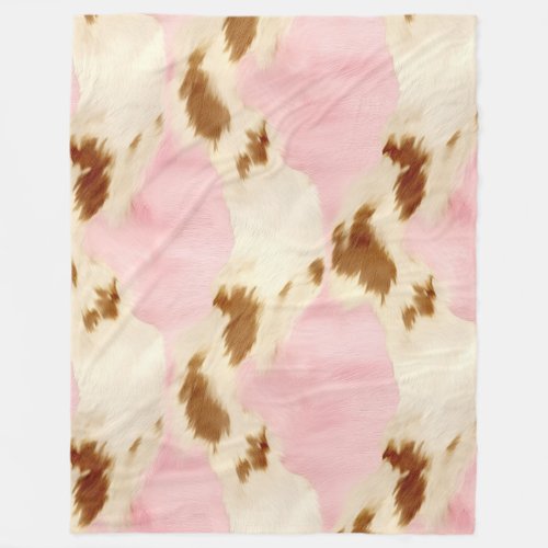 Pink Cream White Brown Cowhide Fleece Blanket