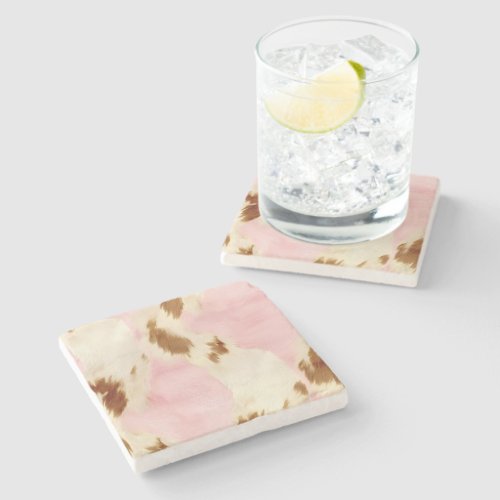 Pink Cream White Brown Cowhide Stone Coaster