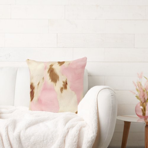 Pink Cream White Brown Cowhide Throw Pillow