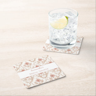 Pink Cream White Floral Bridal Shower Square Paper Coaster