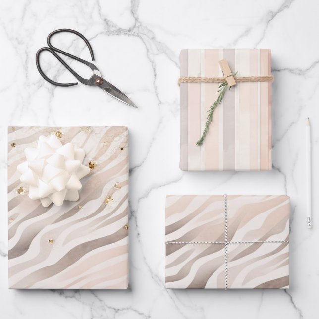Pink Cream Zebra Animal Gold Sparkle Birthday Wrapping Paper Sheets (Front)
