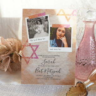 Pink, Creamsicle Orange Bat Mitzvah Sparkle Stars Invitation