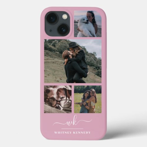 Pink Create Your Own 4 Photo Collage Monogram iPhone 13 Case